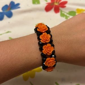 Orange and Black Flower Jeweled Bracelet
